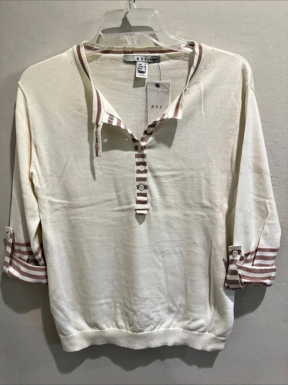 MNG by Mango Striped Cotton Sweater in White & Pink Size Medium NWT